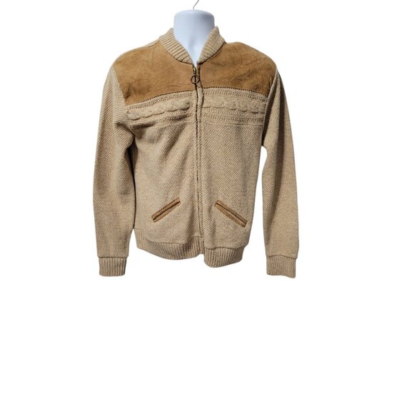 Vintage 1960's Cardigan Mens S/M Full Zip Cardigan Pockets Suede Yoke Tan Brown - Picture 4 of 12